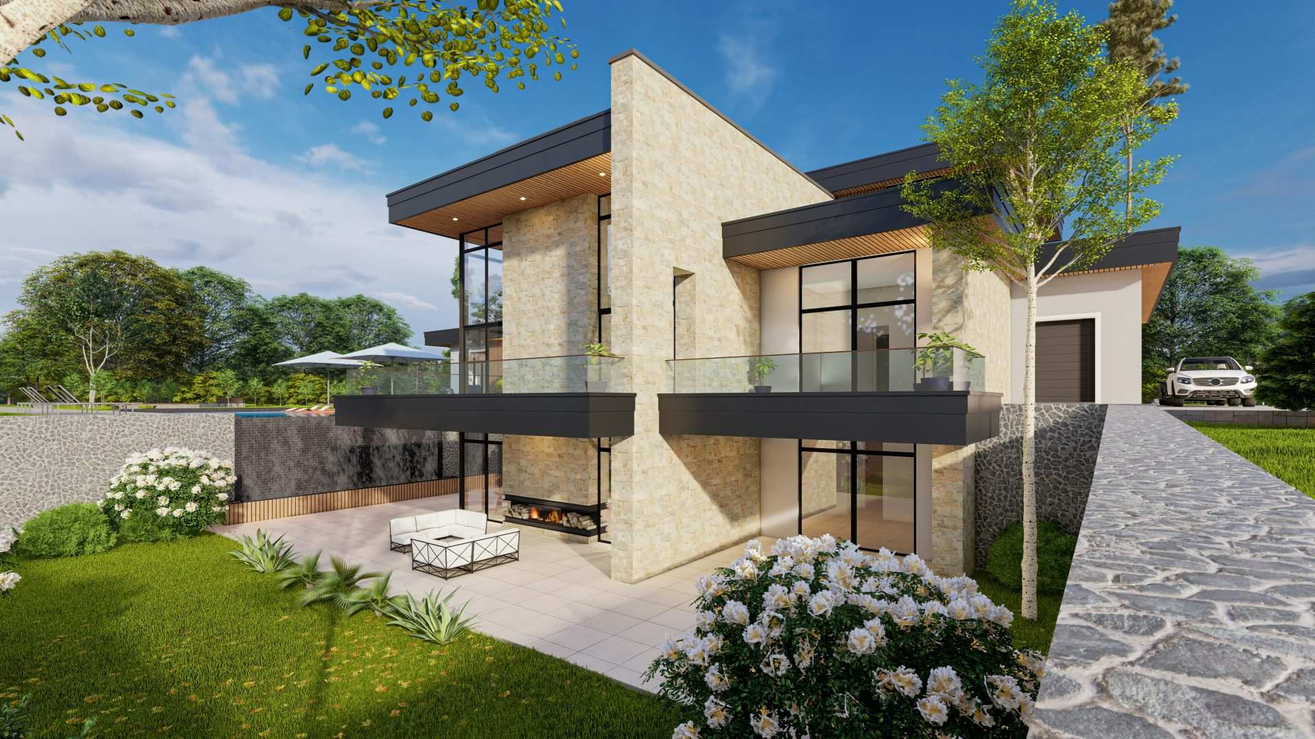 eine Darstellung eines modernen Hauses mit einer Terrasse